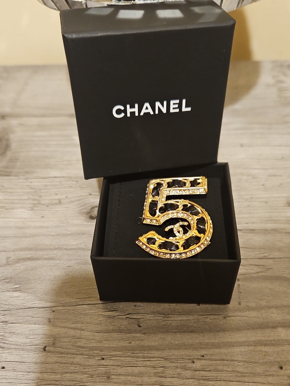 Gold and Black Number 5 Brooch with Crystals